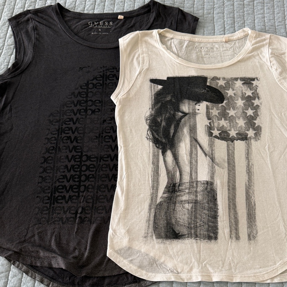 Guess Black and White Graphic Muscle Tees